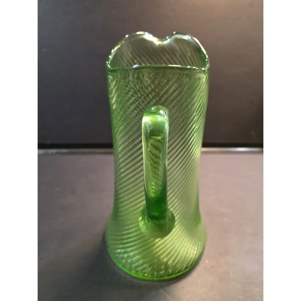 Antique Vintage Green Uranium Glass Pitcher – Diagonal Spiral Swirl Optic Ribbed